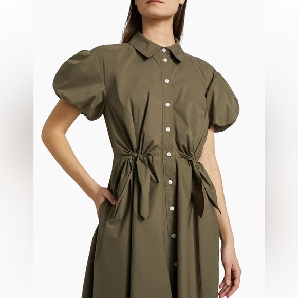 Olive Green Puff Sleeve Tie Waist Midi Dress - Picture 2 of 4